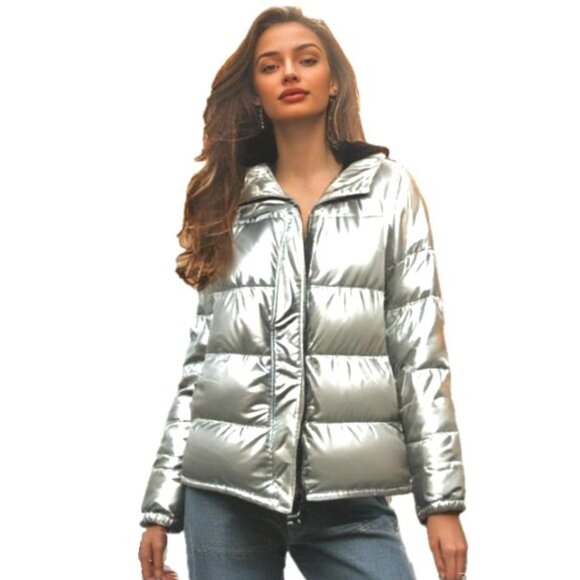 Juicy Couture Black Label Gloss Silver Graphic Puffer Hooded Coat, Size Large - Picture 3 of 10